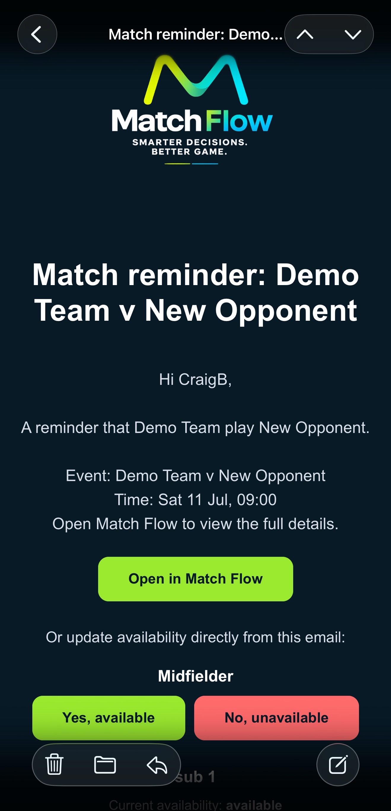 Match Flow availability email with linked player availability buttons.