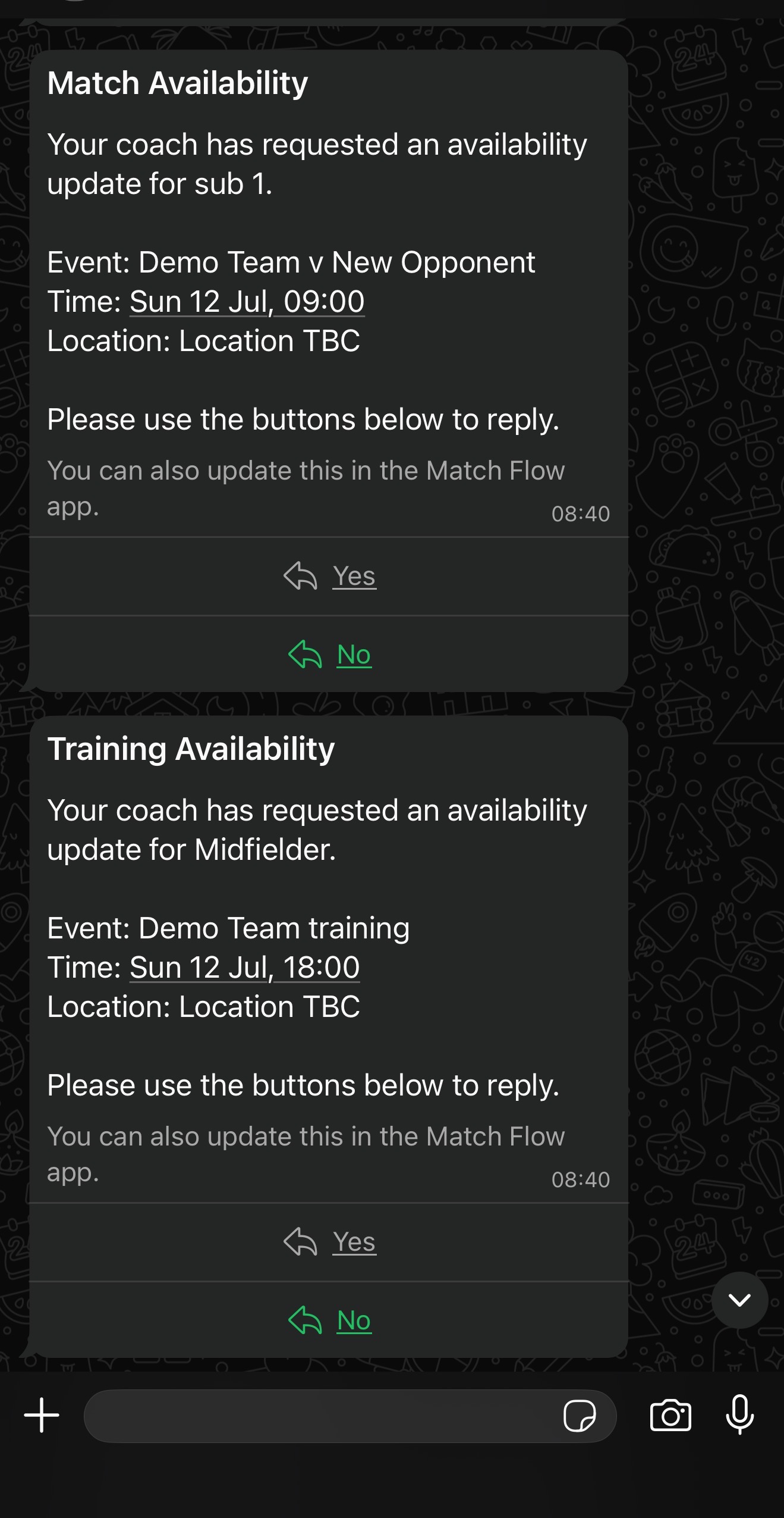 WhatsApp match and training availability requests from Match Flow.