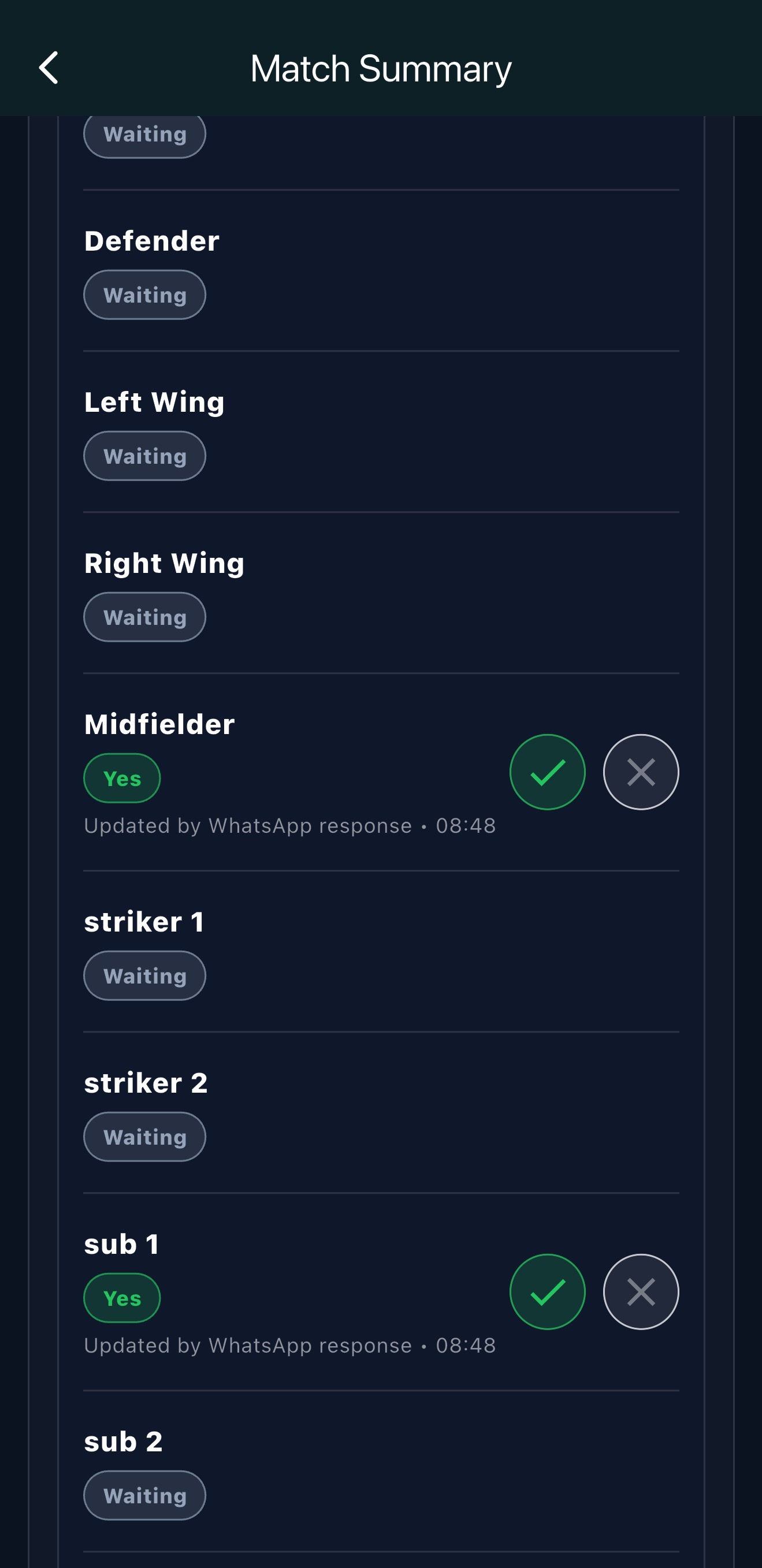 Match Flow app availability screen showing a player updated via WhatsApp.